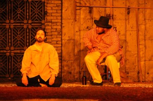 Ed Swidey as Tom and Langston Darby as Haley in EgoPo's Uncle Tom's Cabin: An Unfortunate History. Photo by Jenna Kuerzi.